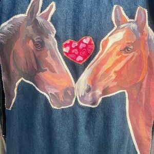 One-of-a-Kind Refashioned Denim Shirt Dress “LOVE” Horse Art – Size M